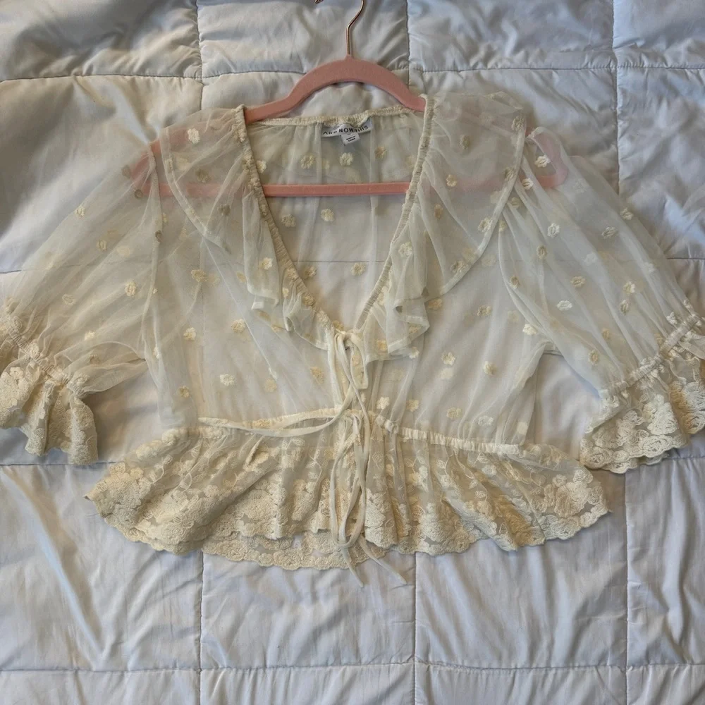 And Now This Sheer Floral Embroidered Ruffle Ivory Blouse Women’s Medium - Picture 3 of 10